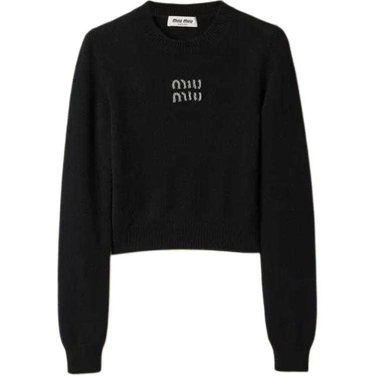 MIU MIU Logo Embellished Cropped Knitted Jumper