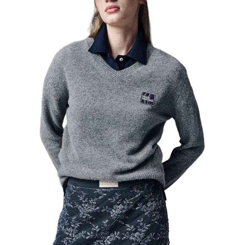 MARDI MERCREDI FW24 RACCOON BLENDED V NECK SQUARE LOGO_CHARCOAL Sweater Women's Charcoal Gray