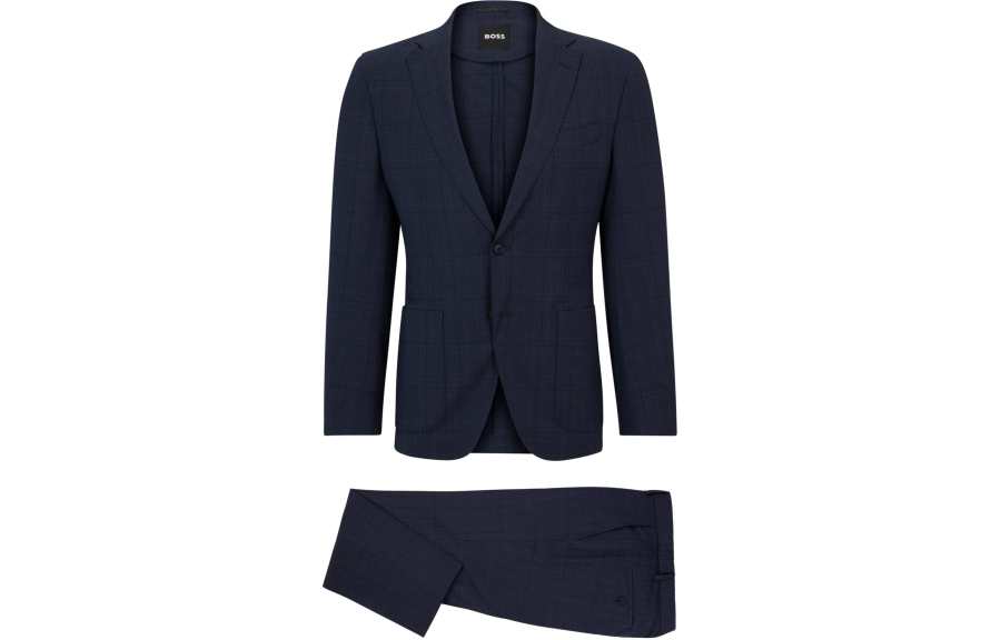 HUGO BOSS FW23 Slim Fit Suit In Checked Virgin Wool Business Suit Men's Dark Blue