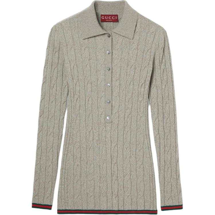 GUCCI Fine Cable And Rib Wool Polo Top 'Dove Grey'