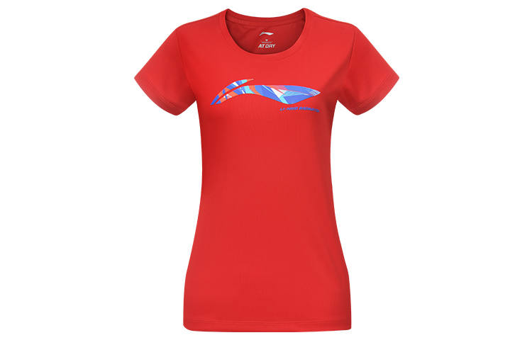 Li-Ning Li Ning T Shirts Women's Bull Red Crew Neck Moderate Straight Fit