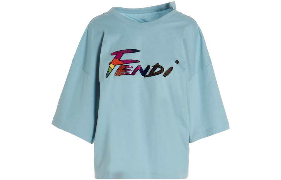 FENDI T Shirts Women's Dusty Blue Crew Neck Moderate Straight Fit