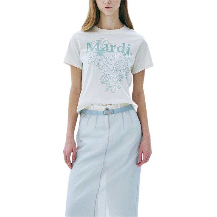 MARDI MERCREDI Three Flowers Collection T Shirt Women's Cream/Moss Green Korean Style