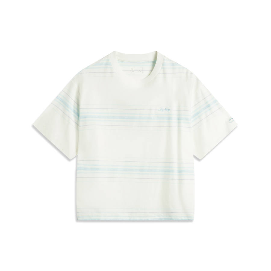 Li-Ning Li Ning Sports Life Collection T Shirt Women's Ivory/Light Sky Blue Stripes