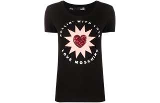LOVE MOSCHINO T Shirts Women's Black Crew Neck Moderate Straight Fit