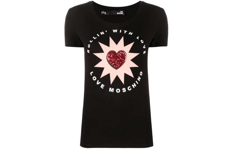 LOVE MOSCHINO T Shirts Women's Black Crew Neck Moderate Straight Fit