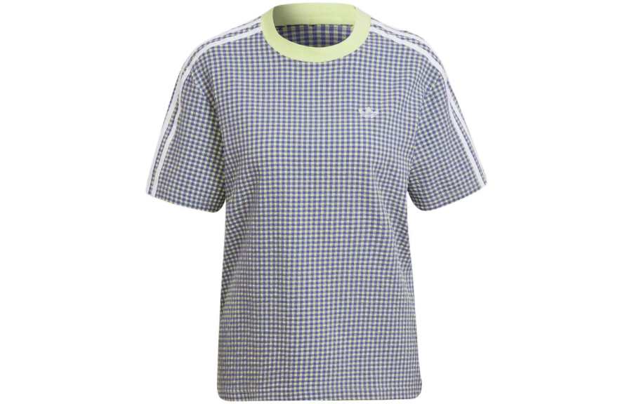 Adidas Originals GINGHAM TEE T Shirts Women's Blue Crew Neck Moderate