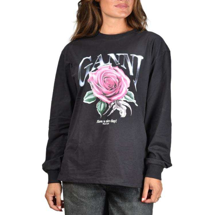 GANNI Rose Printed Long Sleeved T Shirt