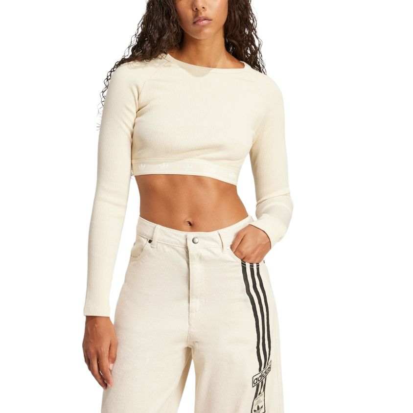 Adidas Originals Adidas Women's Ribbed Long Sleeve Crop Top Cream White