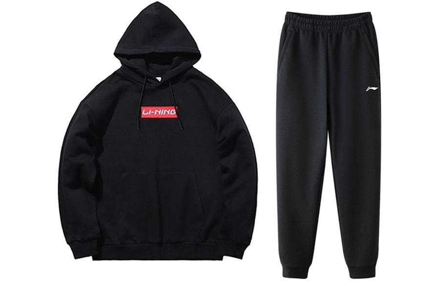 Li-Ning Li Ning Logo Embroidery Thickened And Fleece Lined Thermal Sweatshirt Set Unisex Black
