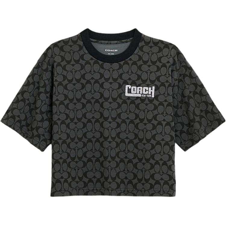 COACH SS24 Letter Logo All Over Print Casual Crew Neck Short Sleeved T Shirt Women's Mixed Black