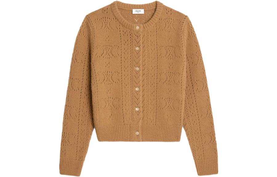 CELINE Sweaters Women's Camel Crew Neck Moderate Cardigan