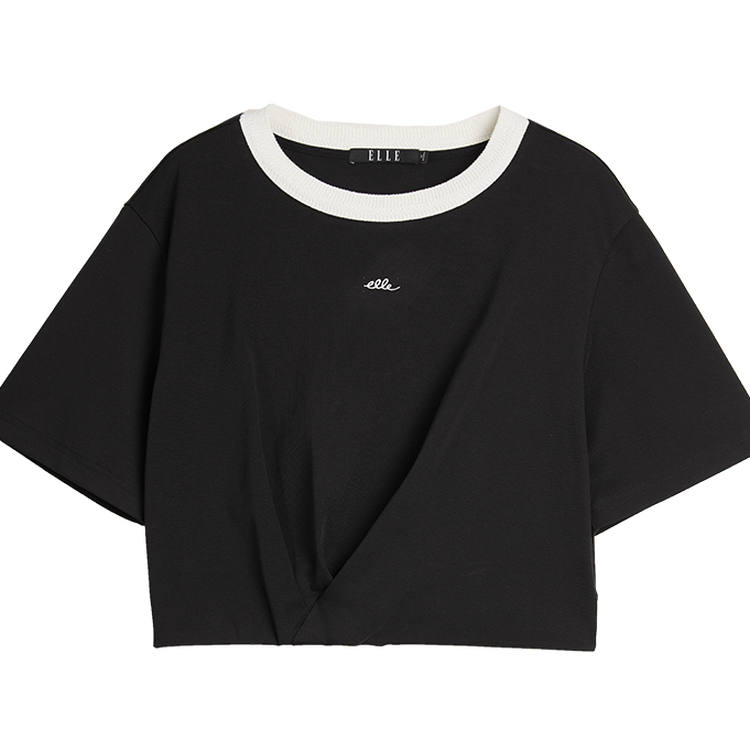 ELLE T Shirts Women's Black Crew Neck Moderate Straight Fit