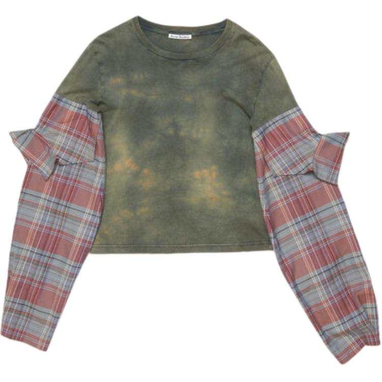 Acne Studios SS24 Patchwork Plaid Crew Neck Long Sleeved T Shirt Women's Blue Green