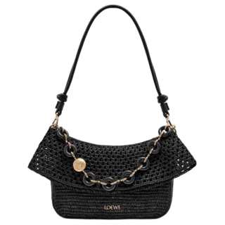 LOEWE Raffia Patchwork Calfskin Handbag Medium Women's Black
