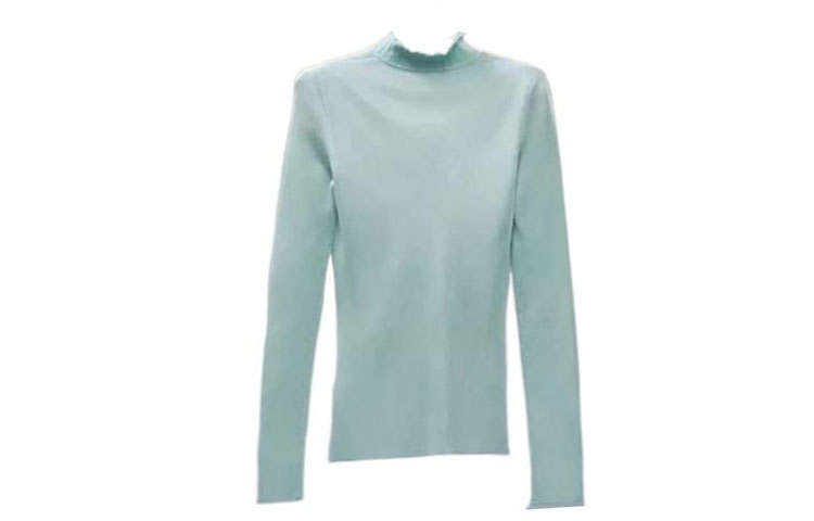 HERMES T Shirts Women's Cyan Ruffle Collar Moderate Straight Fit