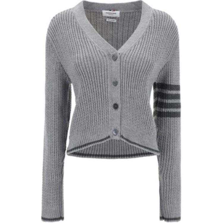 THOM BROWNE V Neck Cropped Cable Knitted Cardigan