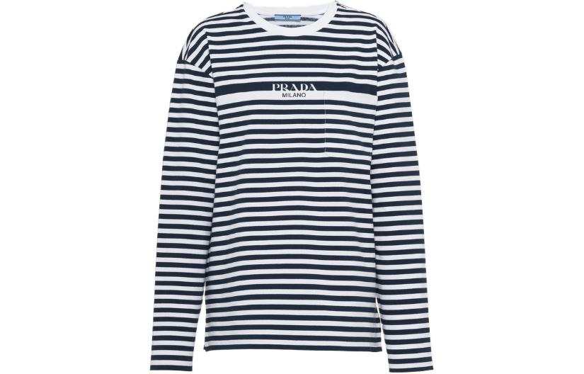 PRADA T Shirts Women's Blue With White Lettering Crew Neck Moderate Straight Fit