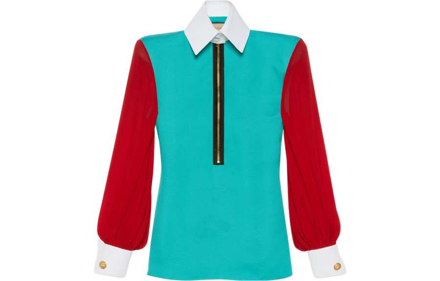 GUCCI GUCCI Silk Collared Long Sleeve Blouse Blue