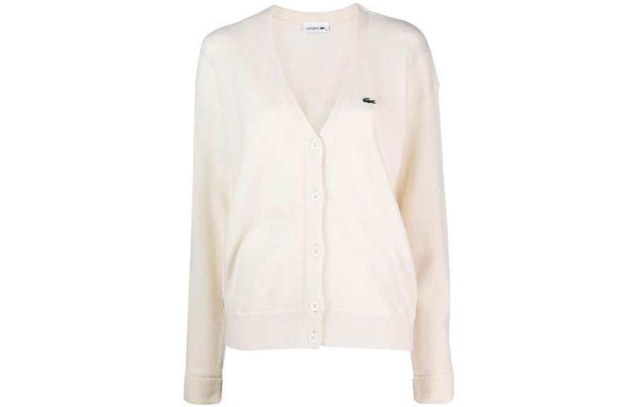 LACOSTE Knitwear Women's White V Neck Moderate Cardigan