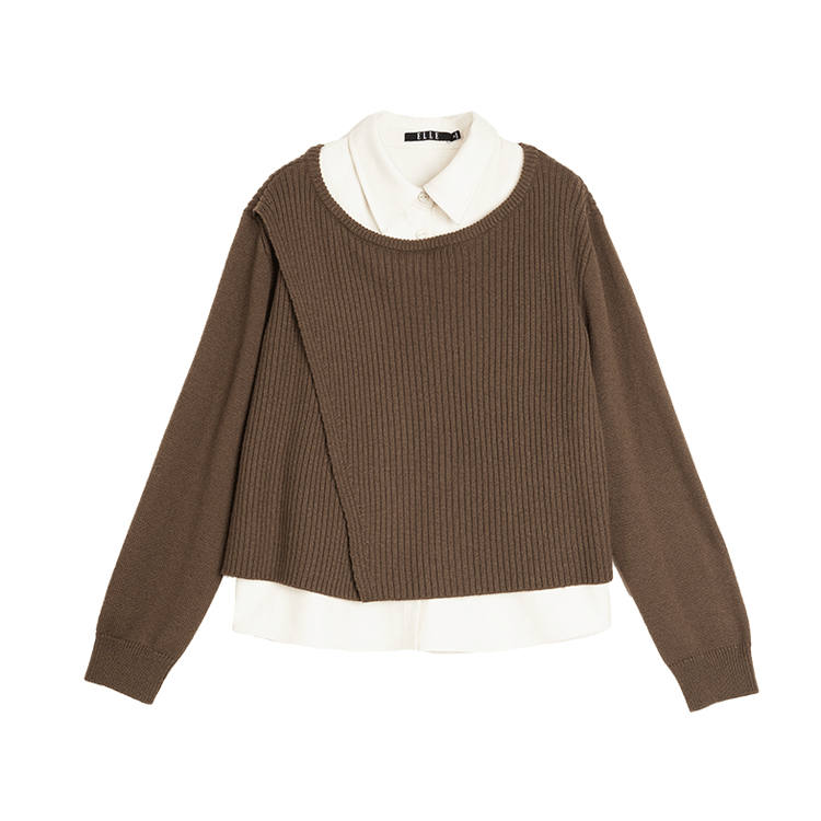 ELLE ELLE Sweaters Women's Coffee Lapel Thickened Mock Two Piece