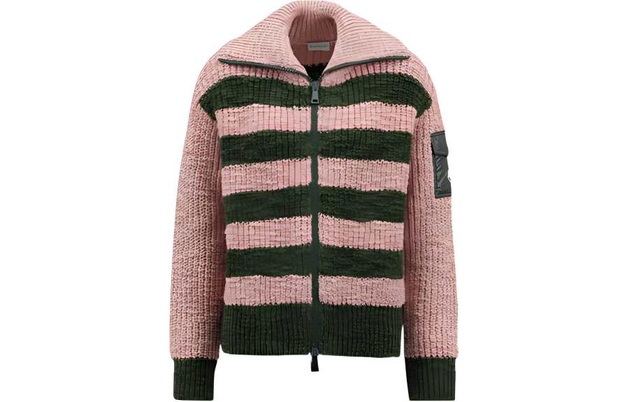 Moncler Women's Turtleneck Two Toned Striped Back Cardigan Antique Pink/Green