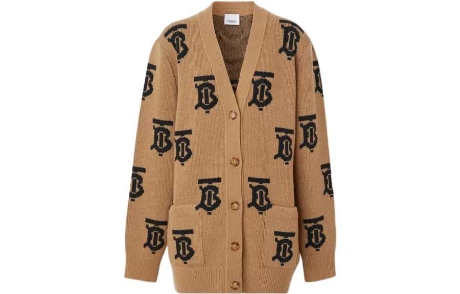 Burberry Women's Monogram Intarsia-Knit Cardigan Camel