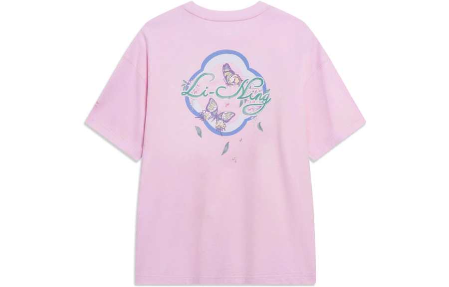 Li-Ning Li Ning Sports Trendy Collection T Shirts Women's Cherry Blossom Pink Crew Neck Moderate Straight Fit
