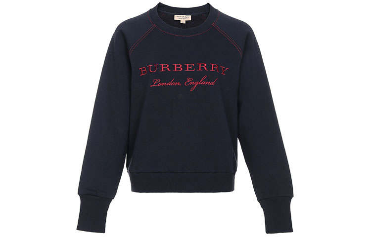 Burberry Women's Logo Embroidered Mixed Fabric Sweater Dark Blue