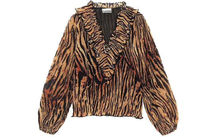 GANNI Pleated Georgette V Neck Ruffle Blouse 'Tiger's Eye'