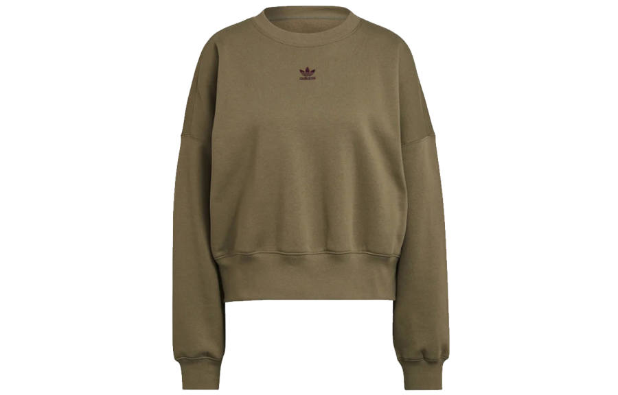 Adidas Originals ESSENTIALS Solid Color Crew Neck Fleece Lined Pullover Sweatshirt Women's Olive