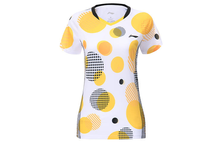 Li-Ning Li Ning T Shirts Women's Standard White/Corn Yellow V Neck Moderate Straight Fit
