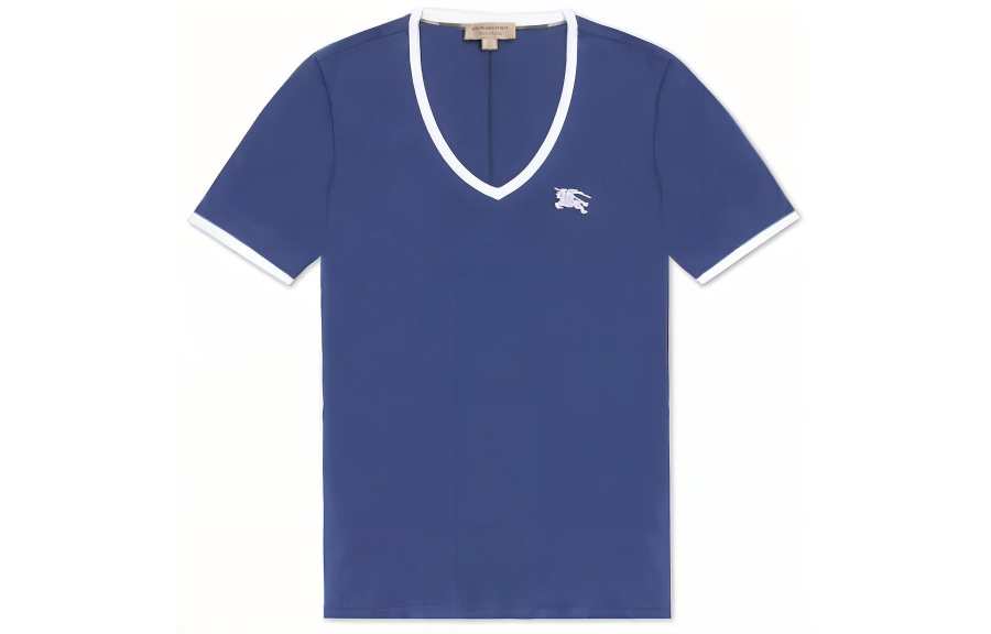 Burberry Women's Embroidered Monogram Ekd V Neck T shirt Blue/White