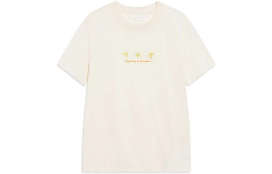 Li-Ning Li Ning Sports Life Collection T Shirts Women's Ecru Crew Neck Moderate Straight Fit