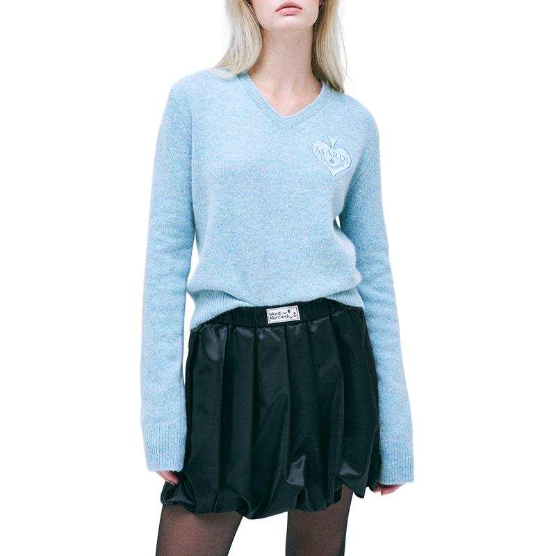 MARDI MERCREDI FW24 RACCOON BLENDED V NECK SATIN SPADE_MINT Sweater Korean Style Women's Sky Blue