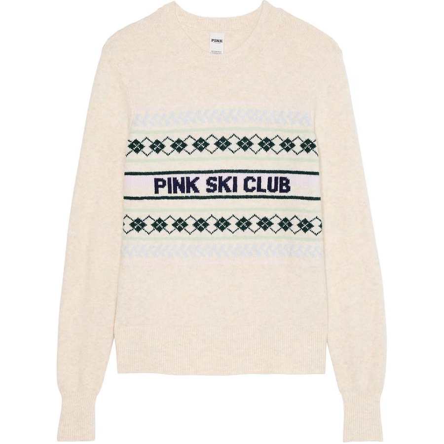 Victoria's Secret PINK Crewneck Sweater/Natural Heather Ski Club Sweater Women's Natural Heather Skiing Club