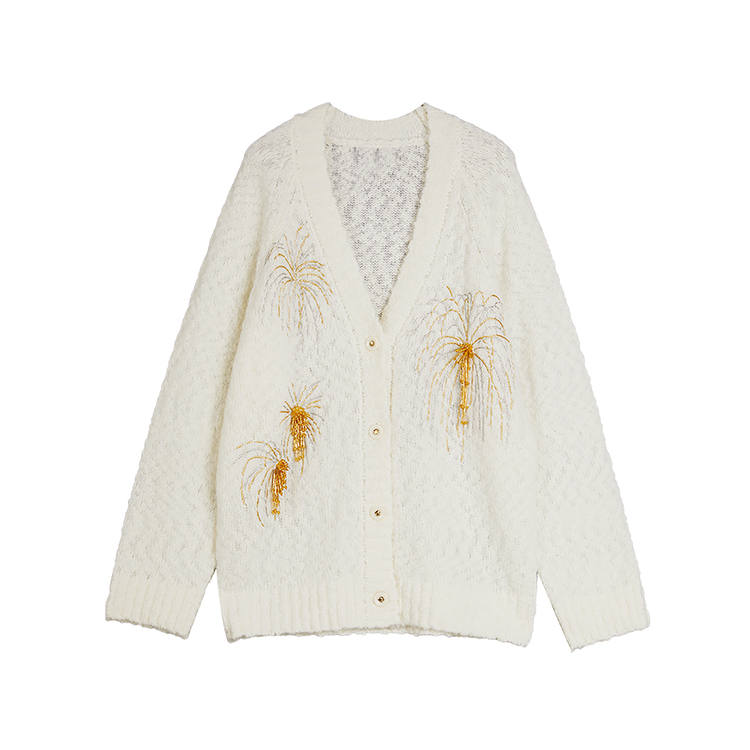 ELLE XU ZHI Sweaters Women's Ecru V Neck Moderate Cardigan