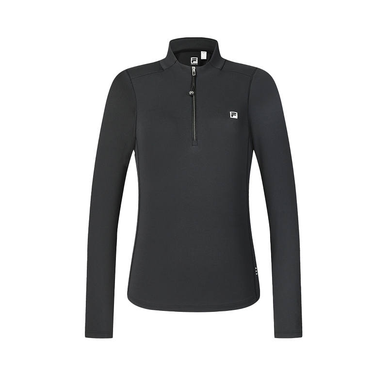 FILA T Shirts Women's Pitch Black Stand Collar Moderate Nipped In Waist