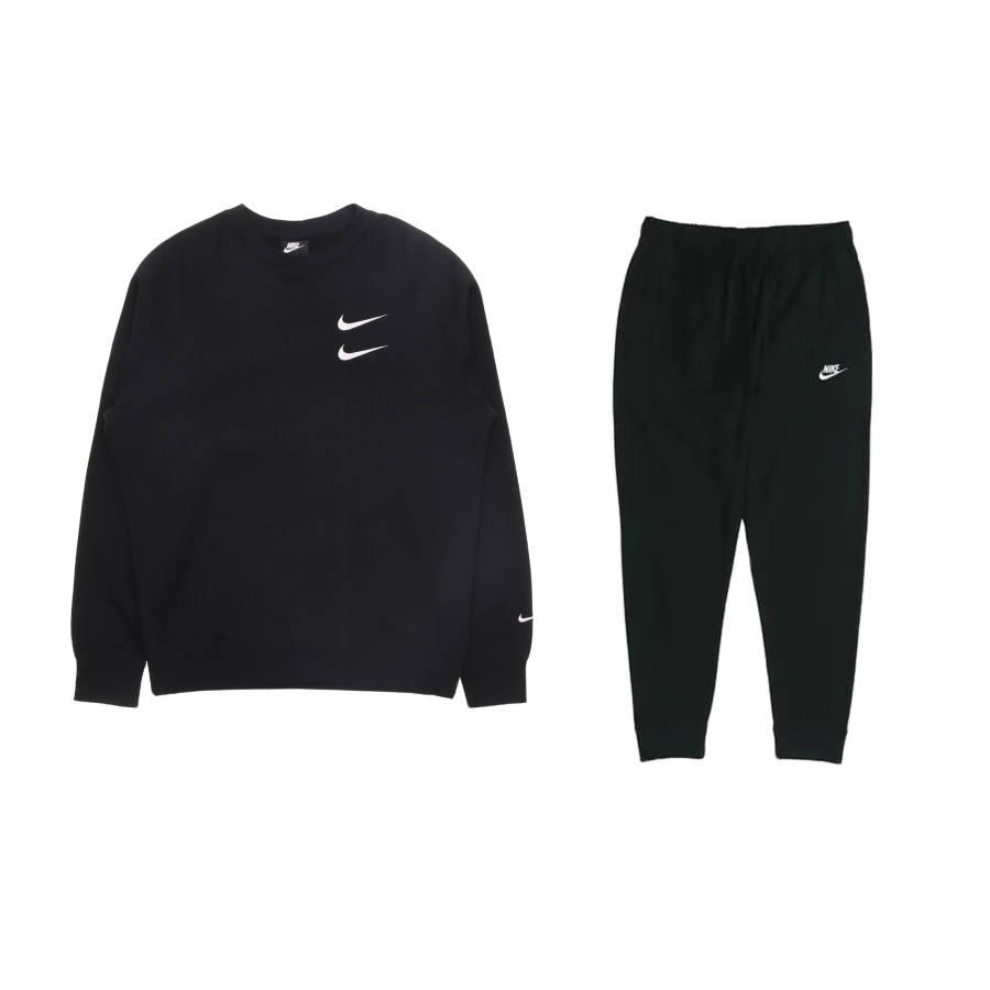 Nike Nike Double Hook Embroidery Fleece Lined Thermal Crew Neck Top Mid Rise Pants Sweatshirt Set Men's Black