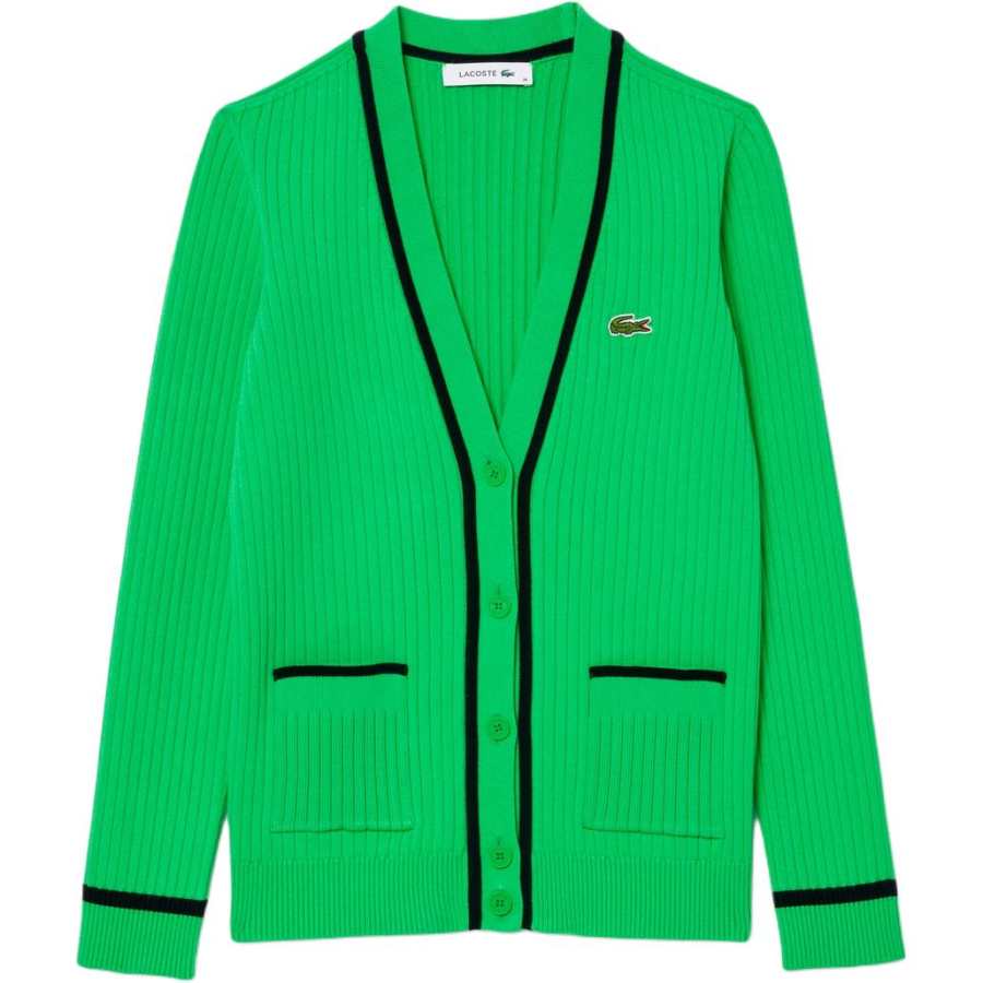 LACOSTE Knitwear Women's Green V Neck Moderate Cardigan
