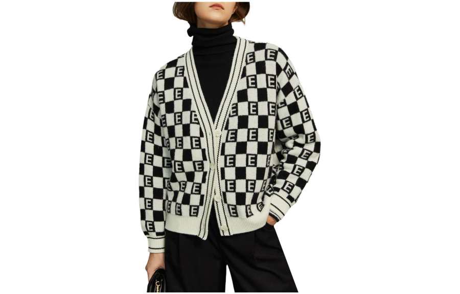 ELLE Sweaters Women's Black White V Neck Moderate Cardigan