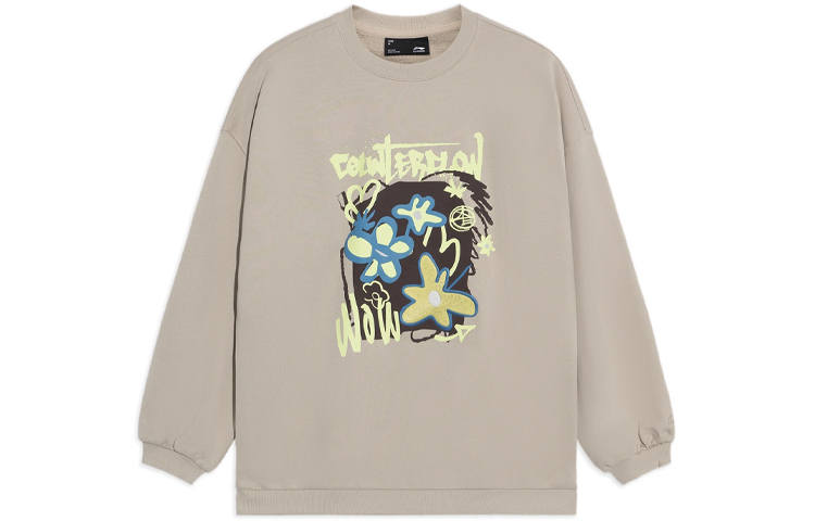 Li-Ning Li Ning Sports Fashion Collection Floral Letter Print Fleece Lined Pullover Sweatshirt Women's Cashmere Gray