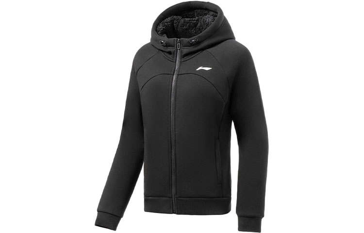 Li-Ning Li Ning Training Collection Fitness Collection Logo Print Fleece Lined Hooded Zippers Sweatshirt Winter Women's Black