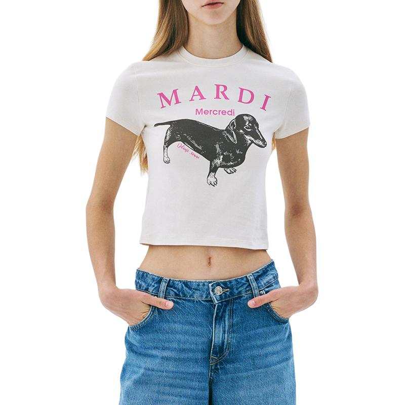 MARDI MERCREDI Dachshund Puppy SS25 T Shirt Korean Style Women's White/Pink