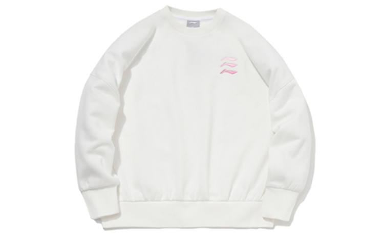 Li-Ning Li Ning Logo Print Fleece Lined Thermal Casual Sports Crew Neck Pullover Sweatshirt Winter Women's Ivory