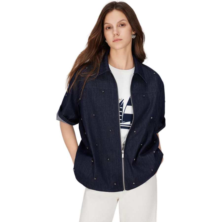 ELLE Shirts Women's Denim Blue Lapel Moderate Denim