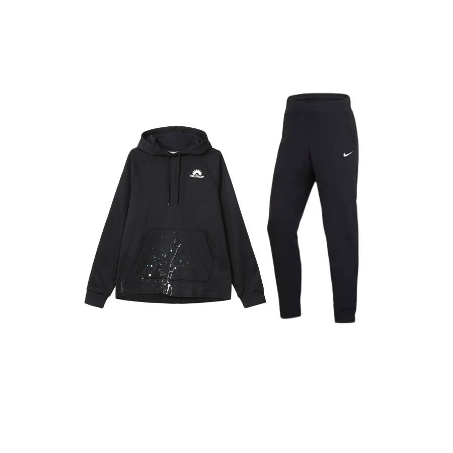 Nike Nike Letter Print Hooded Fleece Lined Long Sleeved Elastic Cuff Mid Rise Pants Sweatshirt Set Men's Black