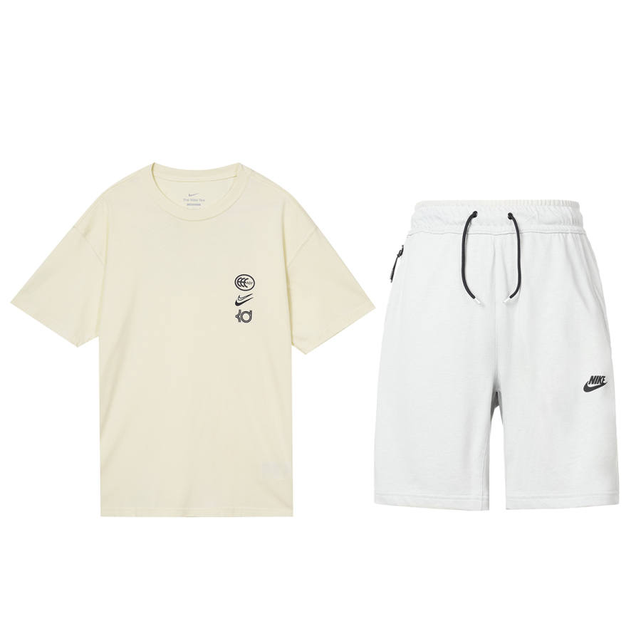 Nike Nike Casual Sportswear Men's Set Coconut Milk Top+White Shorts Crew Neck Moderate
