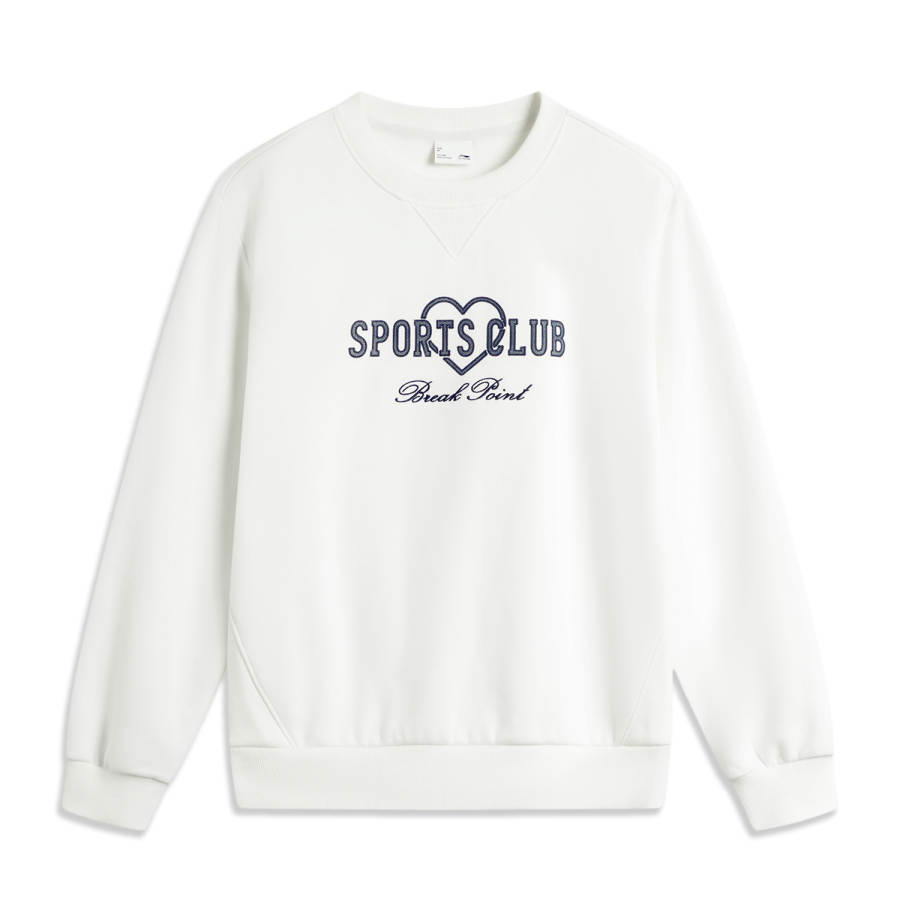 Li-Ning Li Ning Sports Life Collection Pullover Letter Print Fleece Lined Loose Fit Long Sleeved Sweatshirt Women's Ivory