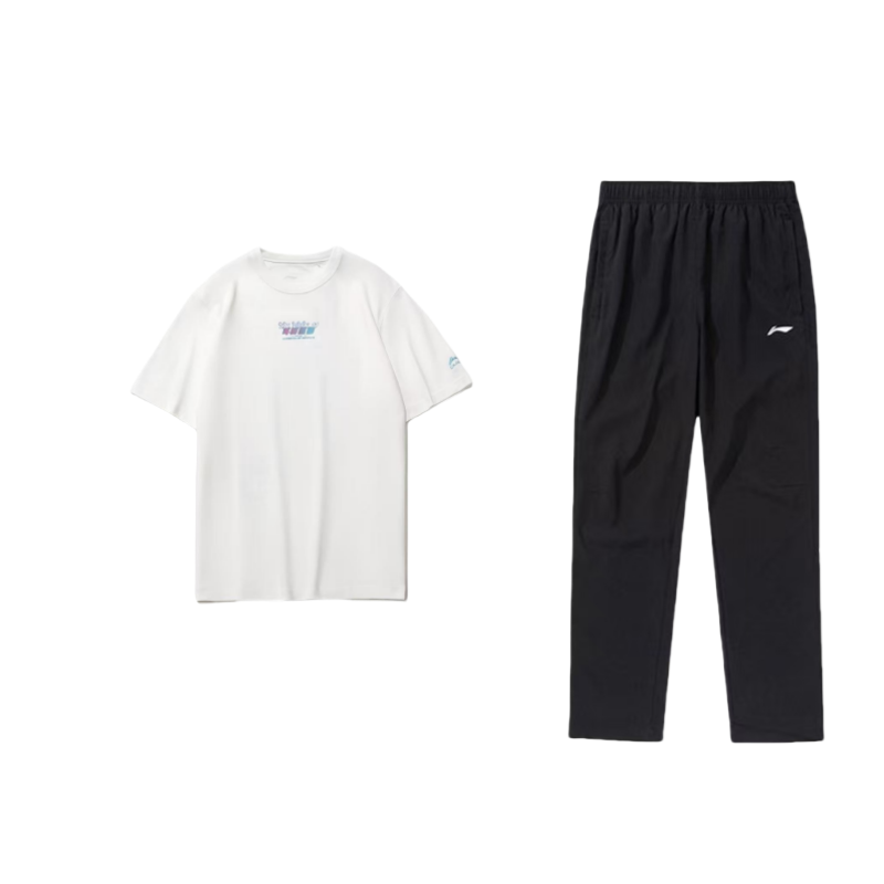 Li-Ning Li Ning Casual Sportswear Men's Clothing Set White T Shirt+Black Pants Crew Neck Moderate